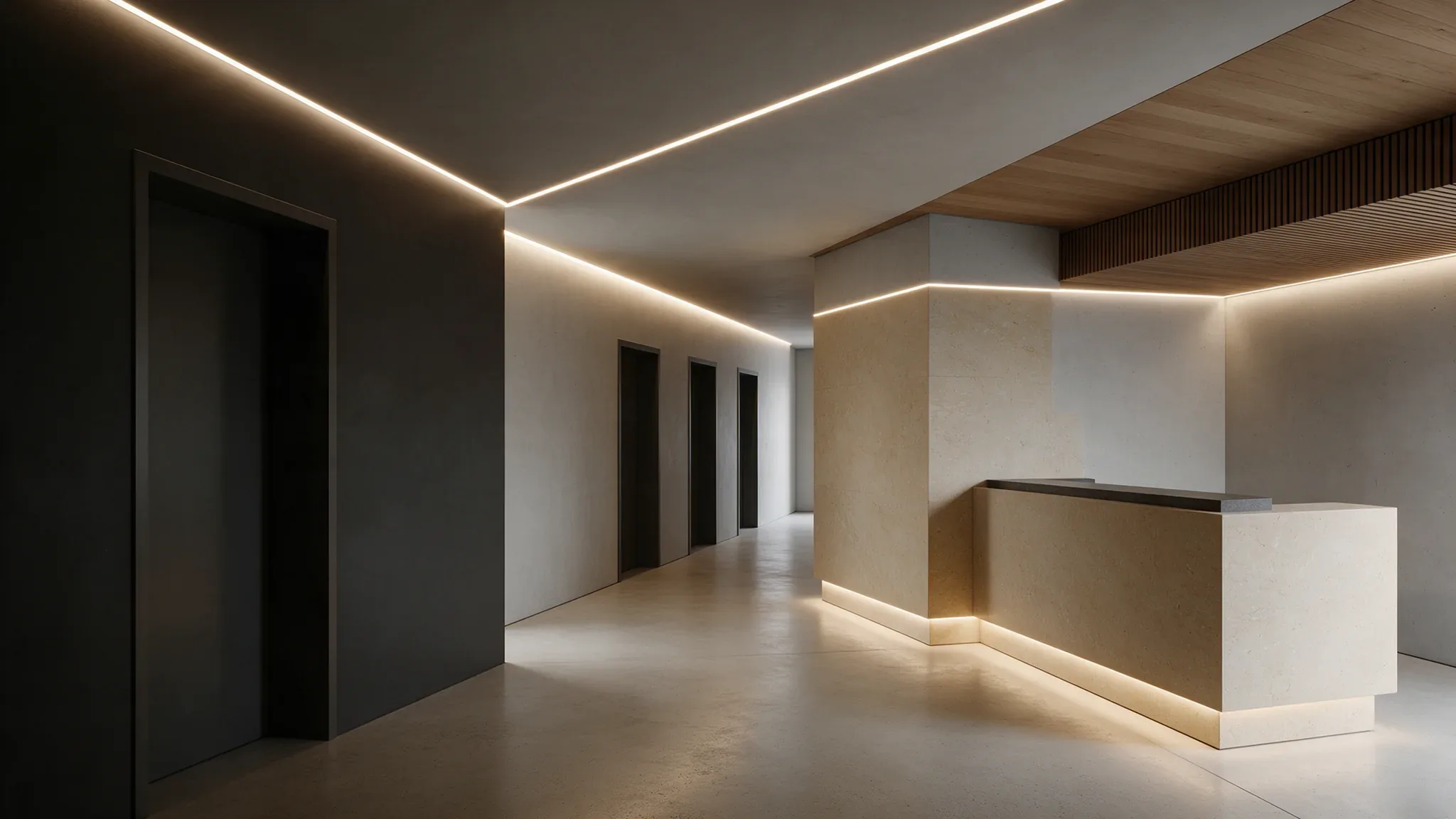 Visualización arquitectónica con iluminación lineal integrada en el techo y las paredes.