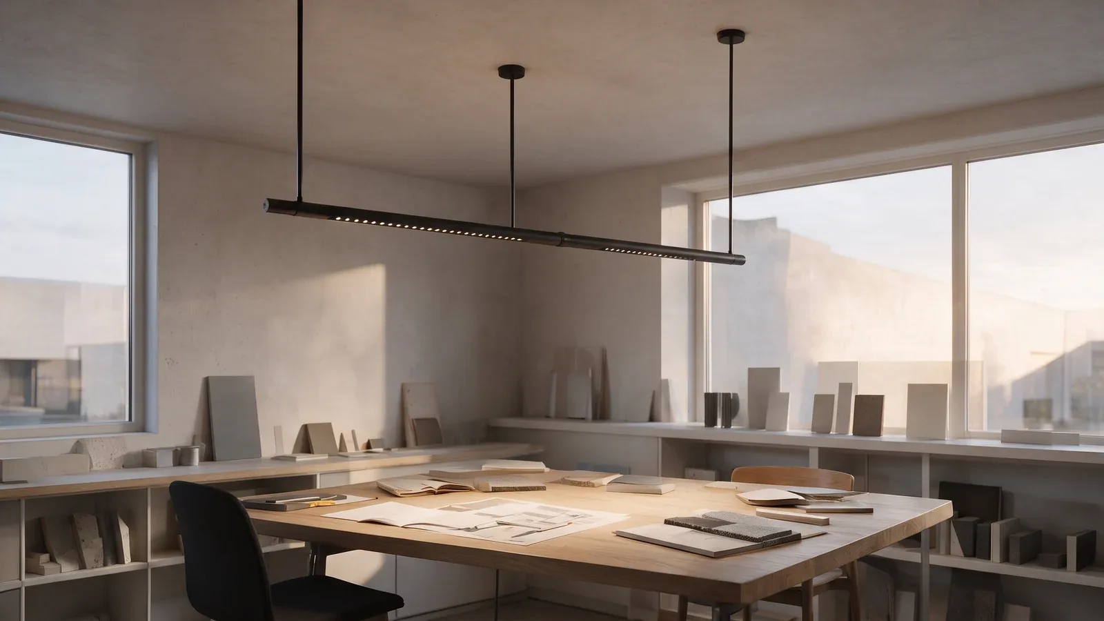 Gran mesa de trabajo en un estudio de diseño, iluminada por una línea modular negra con soportes verticales rígidos.