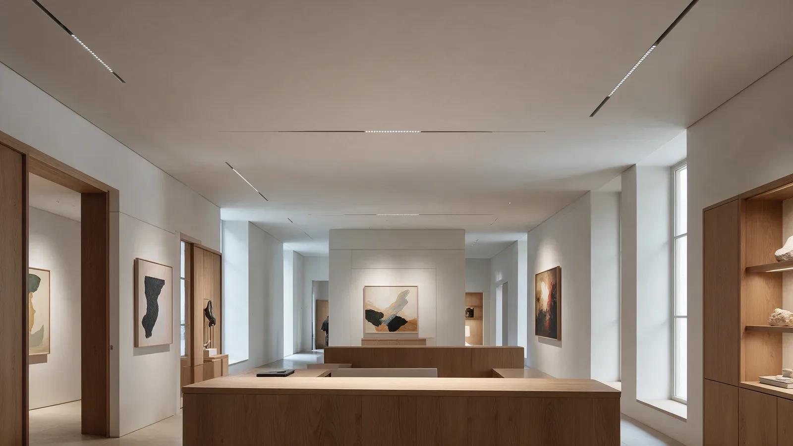 Galería y recepción contemporáneas con carriles magnéticos empotrados, módulos lineales y obras iluminadas.